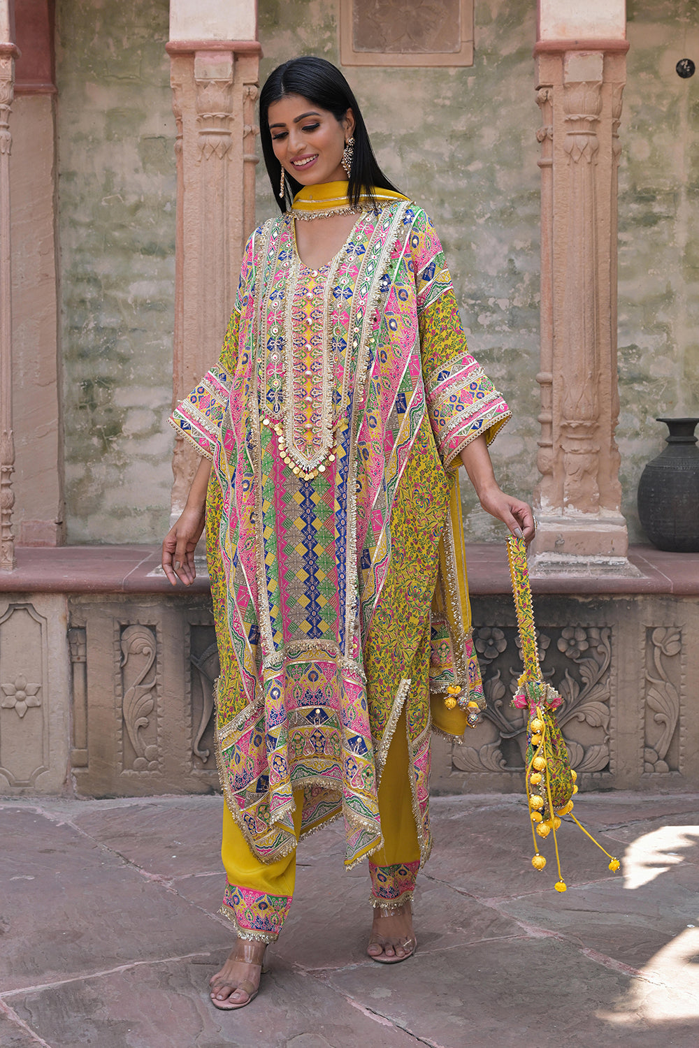 Yellow Viscose Crepe Kaftan Pant Set with Mirror Work for Festive