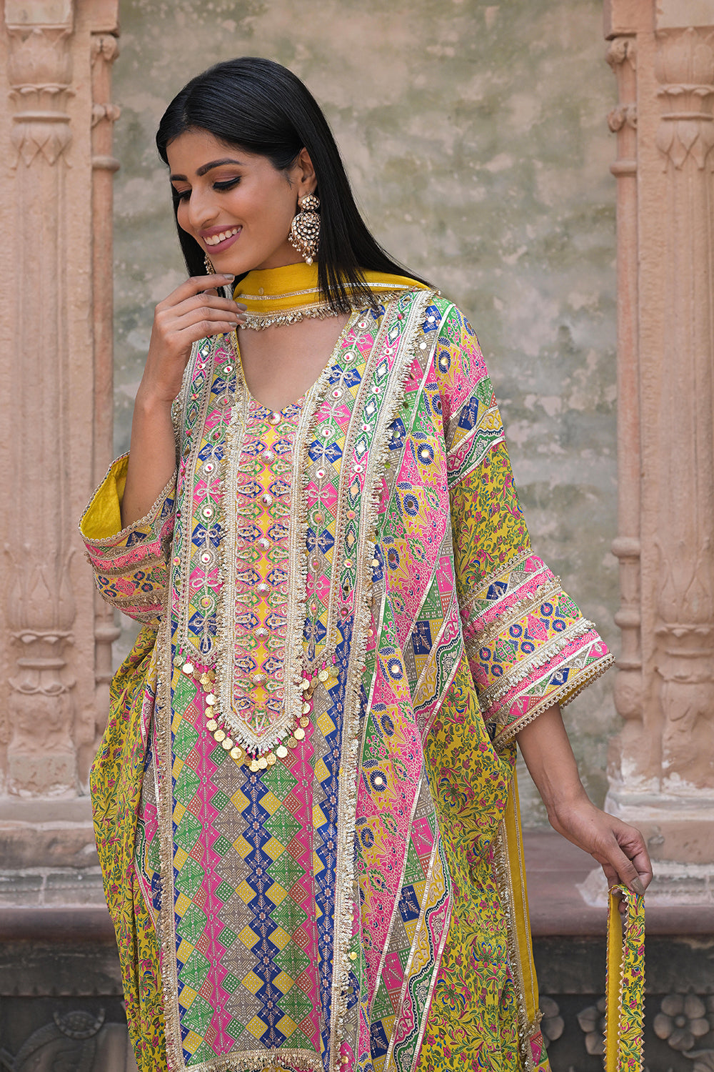Yellow Viscose Crepe Kaftan Pant Set with Mirror Work for Festive