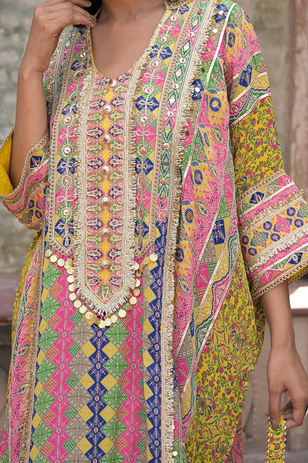 Yellow Viscose Crepe Kaftan Pant Set with Mirror Work for Festive