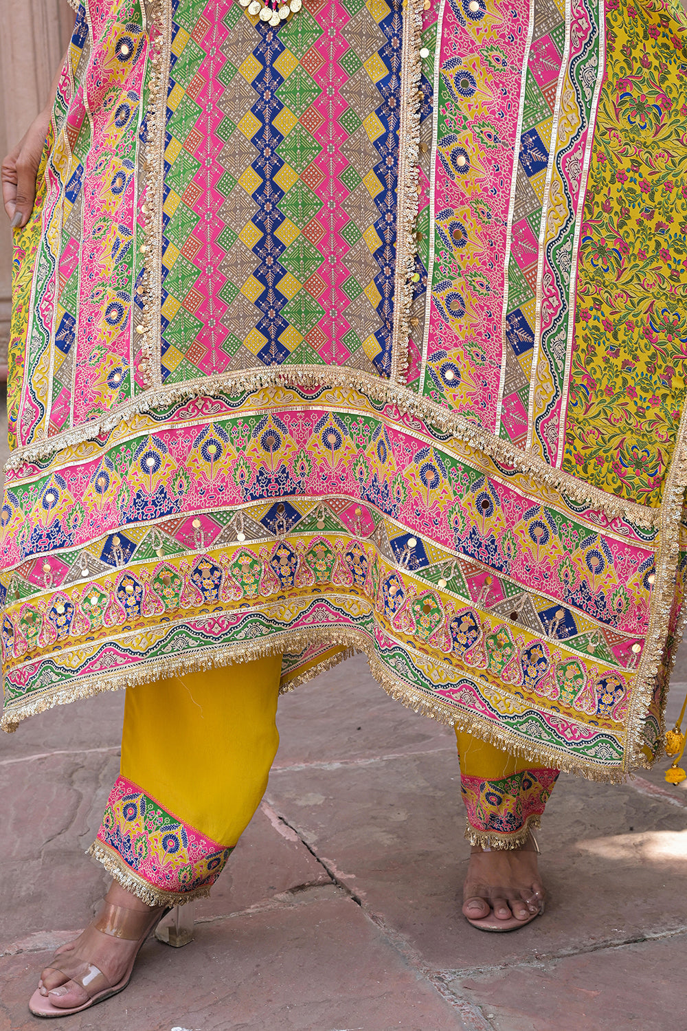 Yellow Viscose Crepe Kaftan Pant Set with Mirror Work for Festive