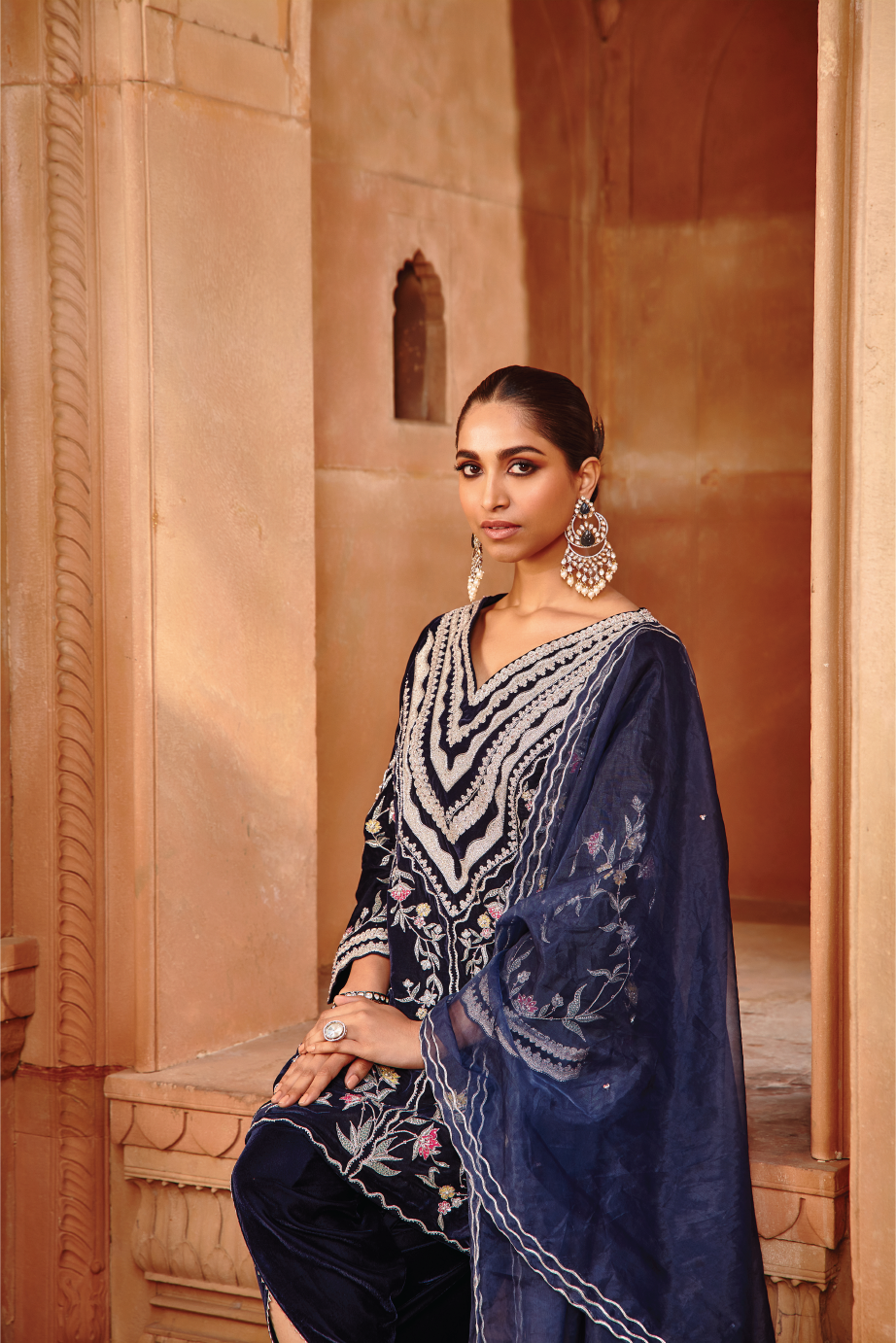 Navy Blue Velvet Kurta Dhoti Set with Structured Organza - Zahra