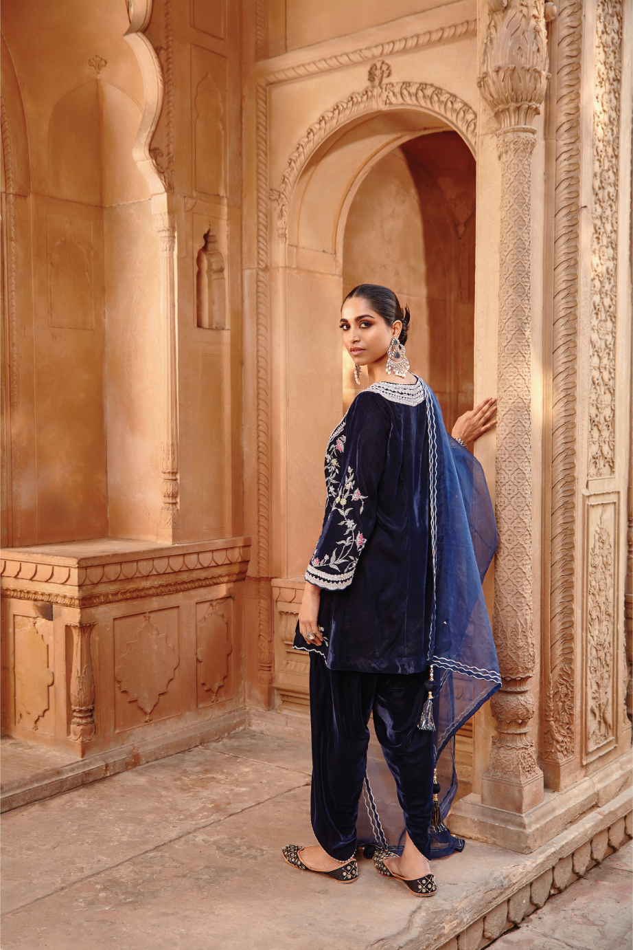 Navy Blue Velvet Kurta Dhoti Set with Structured Organza - Zahra