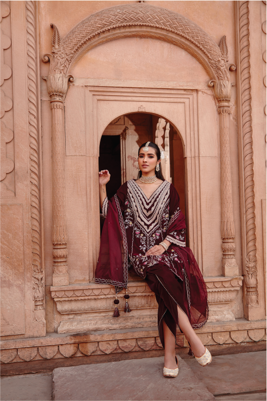 Zahra Wine Velvet Embroidered Kurta Set with Organza Dupatta