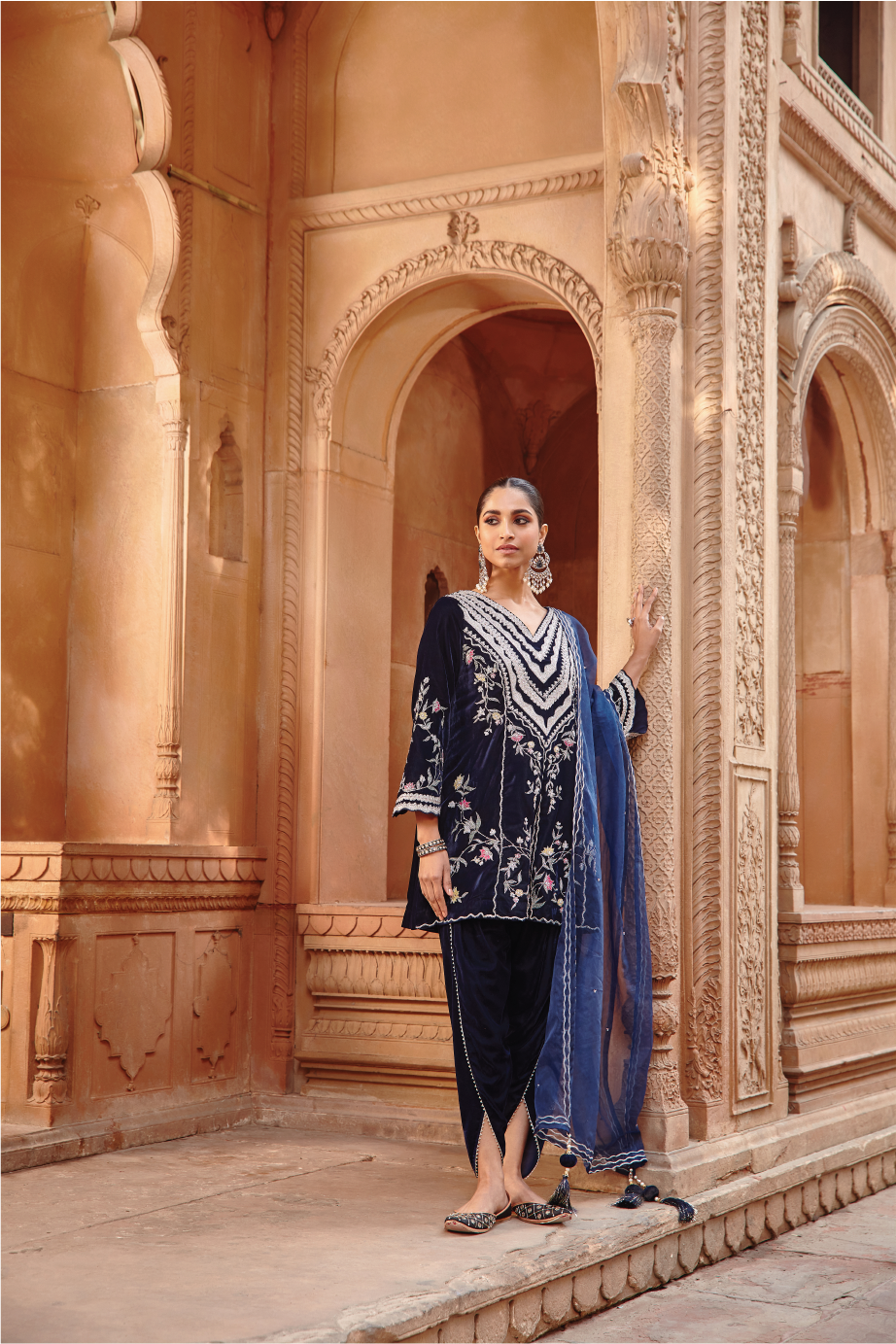Navy Blue Velvet Kurta Dhoti Set with Structured Organza - Zahra