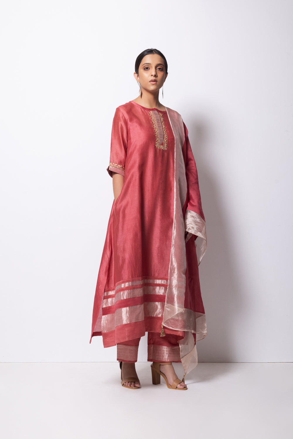 A-Line Kurta Full Set - Kurta, Stole, Pants, With Slip - Auraya Fashion -  - #tag1# - #tag2# - #tag3# - #tag3#