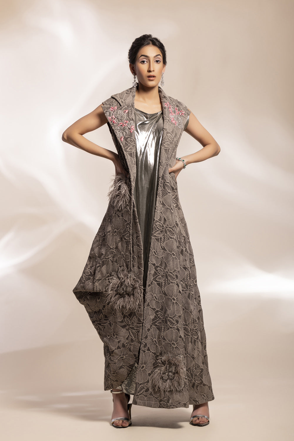 Grey Lace Scuba Coat With Fuchia Motif With Two-Tone Mettalic Shimmer Drape - Auraya Fashion - Gee Sin by Geetanjali - #tag1# - #tag2# - #tag3# - #tag3#