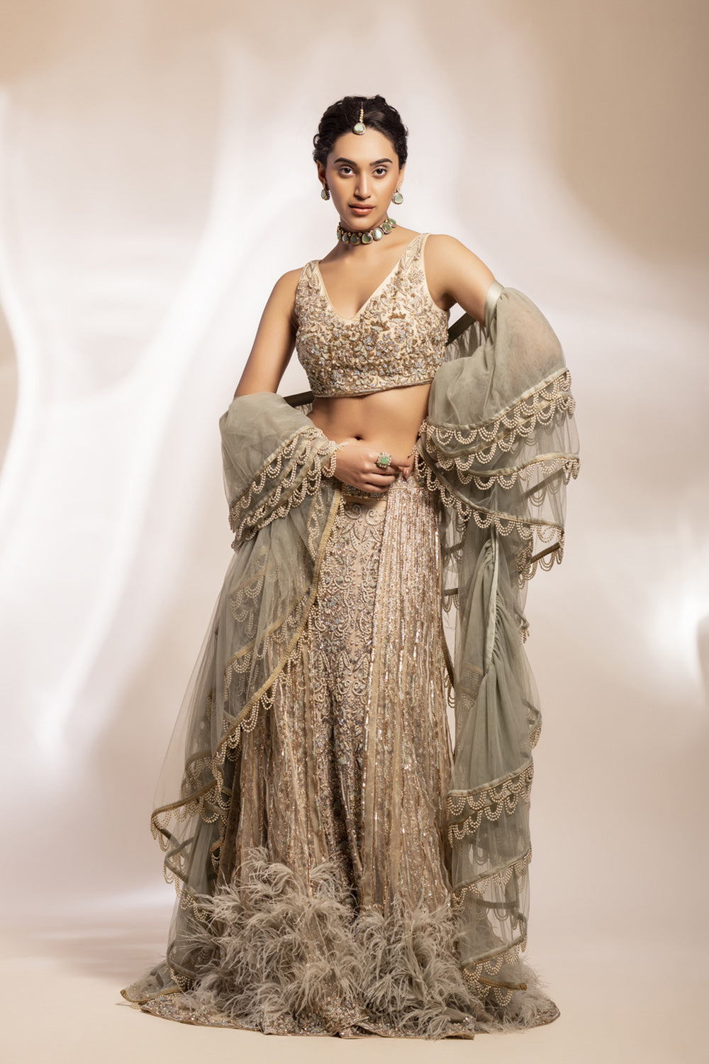 Ivory And Sage Green Embroidered Bridal Lehanga With Train And Ruffle Scarf. - Auraya Fashion - Gee Sin by Geetanjali - #tag1# - #tag2# - #tag3# - #tag3#