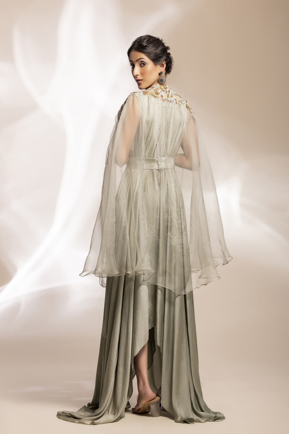 Sage Green Modal Satin Drape With Embroidered Tulle Cape. - Auraya Fashion -  - #tag1# - #tag2# - #tag3# - #tag3#