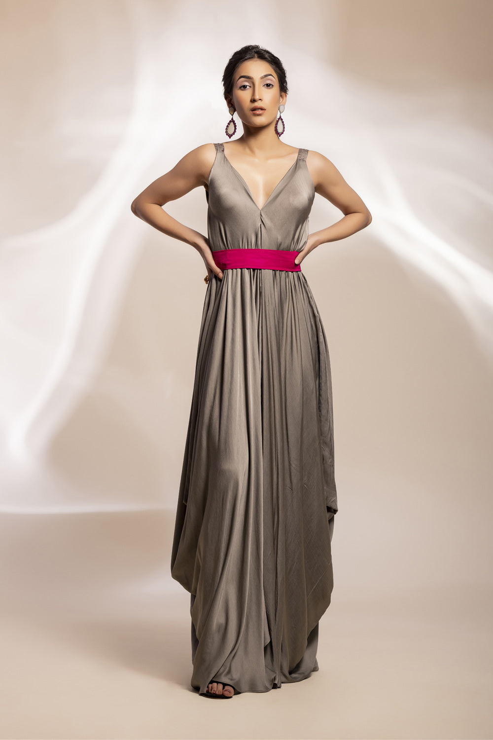 Grey Satin Assymetrical Dress With Fuchsia Belt + Feathered Satin Jacket - Auraya Fashion -  - #tag1# - #tag2# - #tag3# - #tag3#