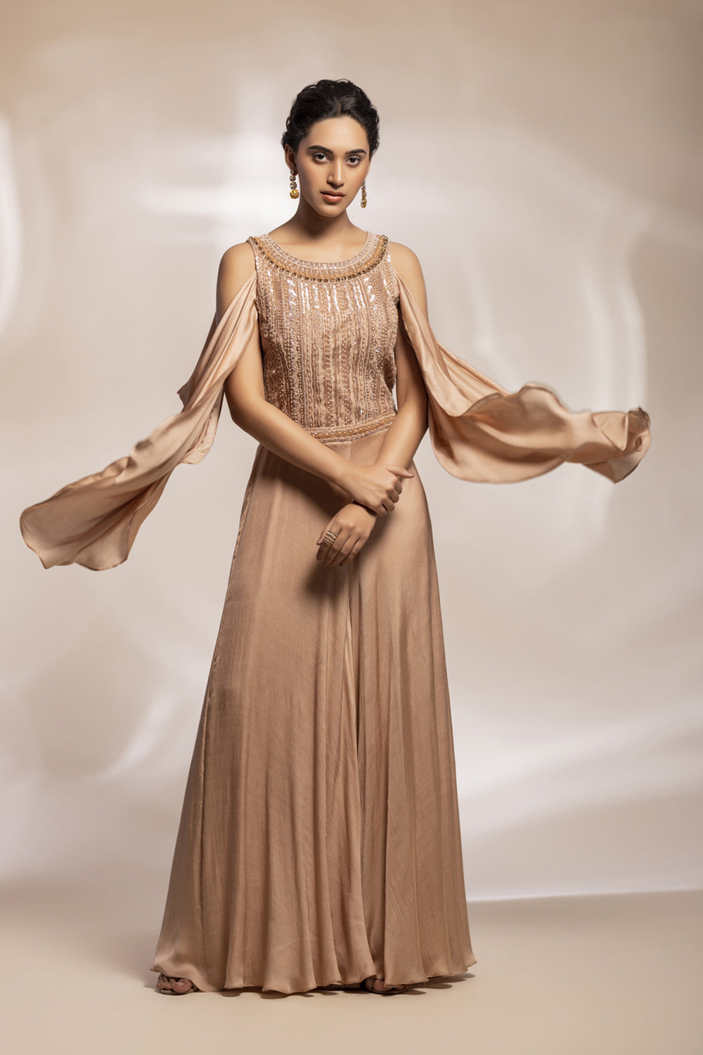 Champaign Gold Jumpsuit With Embroidered Bodice And Draped Sleeves. - Auraya Fashion -  - #tag1# - #tag2# - #tag3# - #tag3#