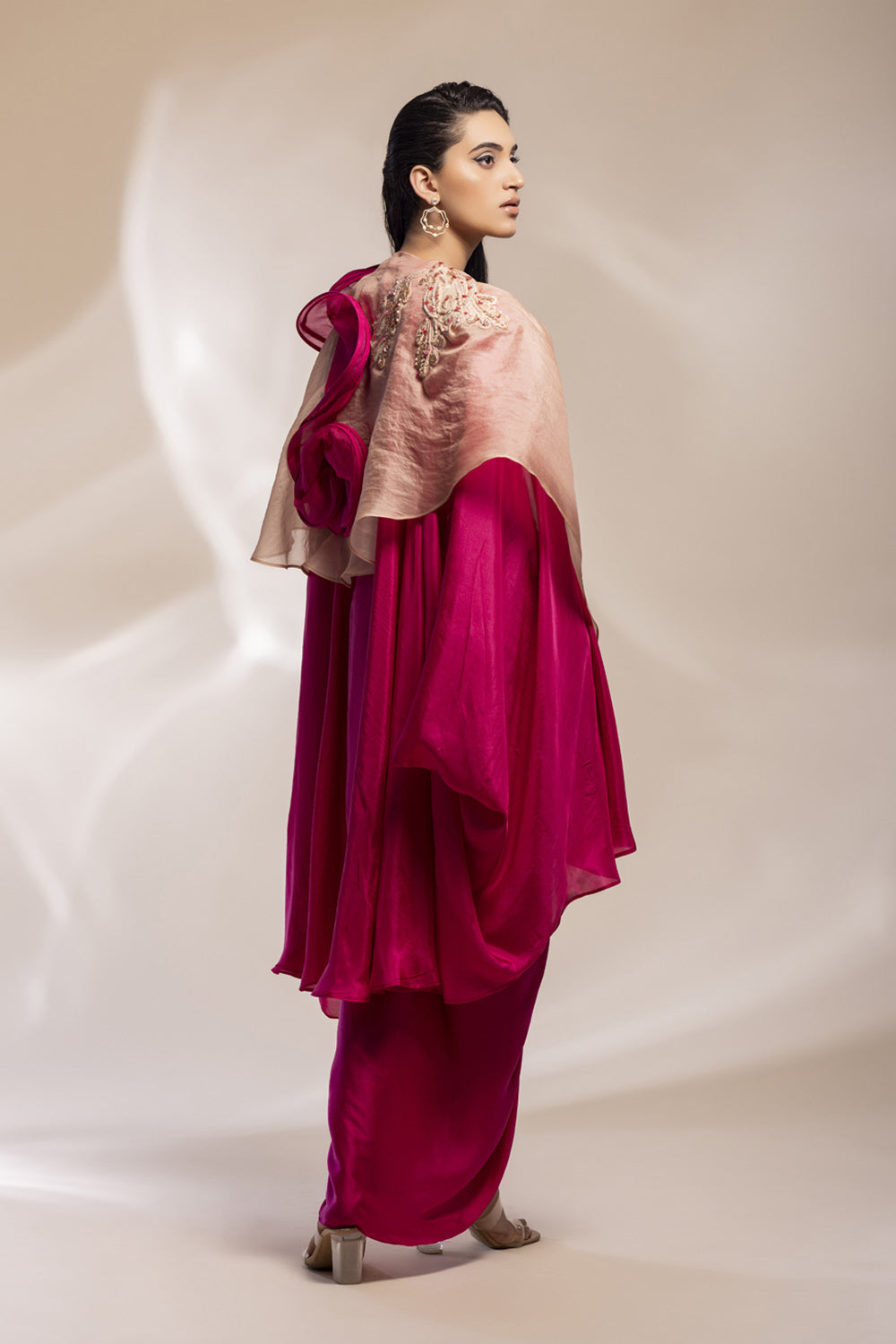 Fuchsia And Champaign Silk Cape With Embroidery, Paired With Satin Modal Dress. - Auraya Fashion -  - #tag1# - #tag2# - #tag3# - #tag3#