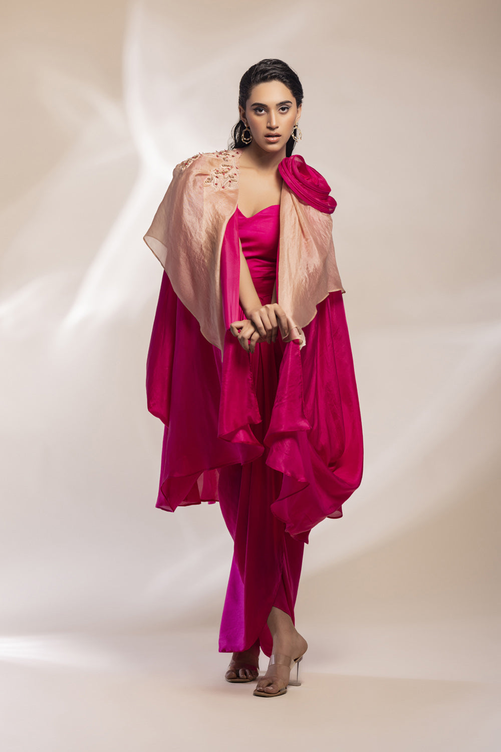 Fuchsia And Champaign Silk Cape With Embroidery, Paired With Satin Modal Dress. - Auraya Fashion - Gee Sin by Geetanjali - #tag1# - #tag2# - #tag3# - #tag3#