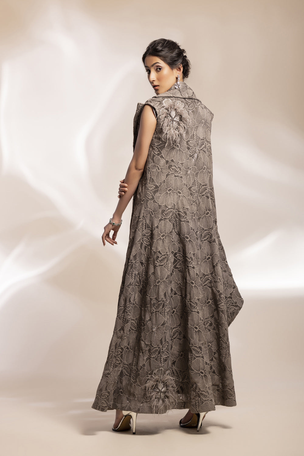 Grey Lace Scuba Coat With Fuchia Motif With Two-Tone Mettalic Shimmer Drape - Auraya Fashion -  - #tag1# - #tag2# - #tag3# - #tag3#