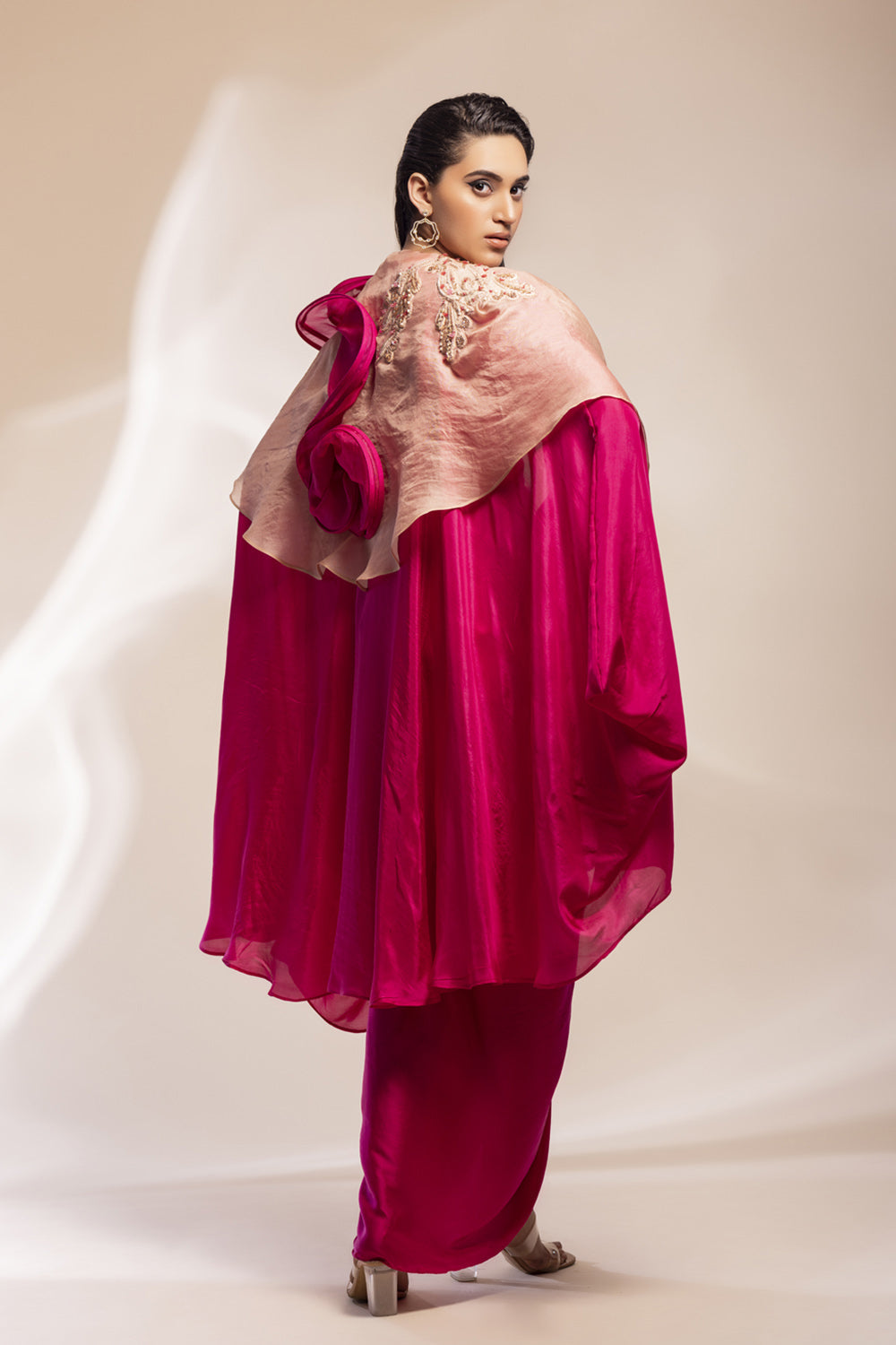 Fuchsia And Champaign Silk Cape With Embroidery, Paired With Satin Modal Dress. - Auraya Fashion -  - #tag1# - #tag2# - #tag3# - #tag3#