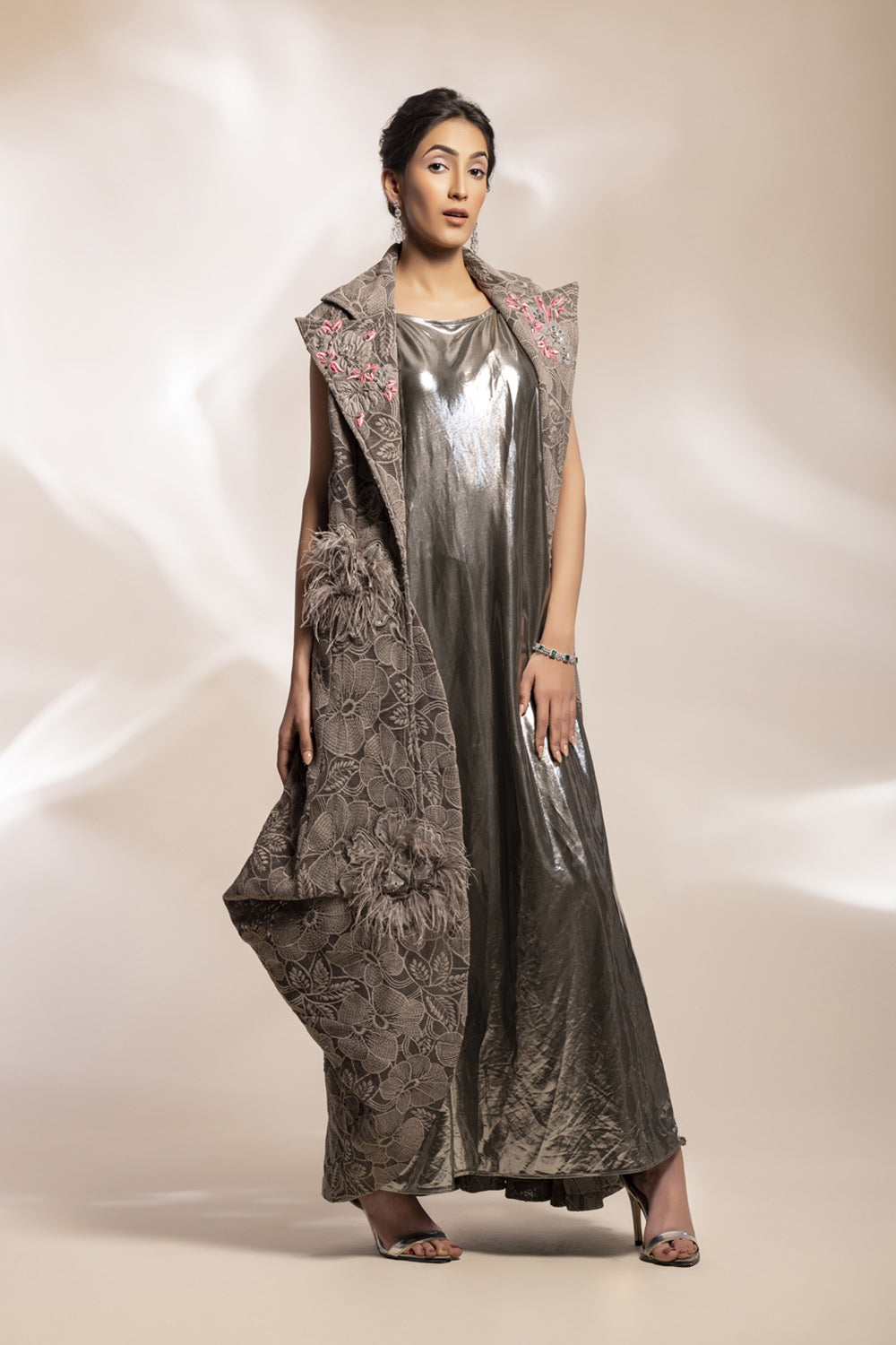 Grey Lace Scuba Coat With Fuchia Motif With Two-Tone Mettalic Shimmer Drape - Auraya Fashion -  - #tag1# - #tag2# - #tag3# - #tag3#