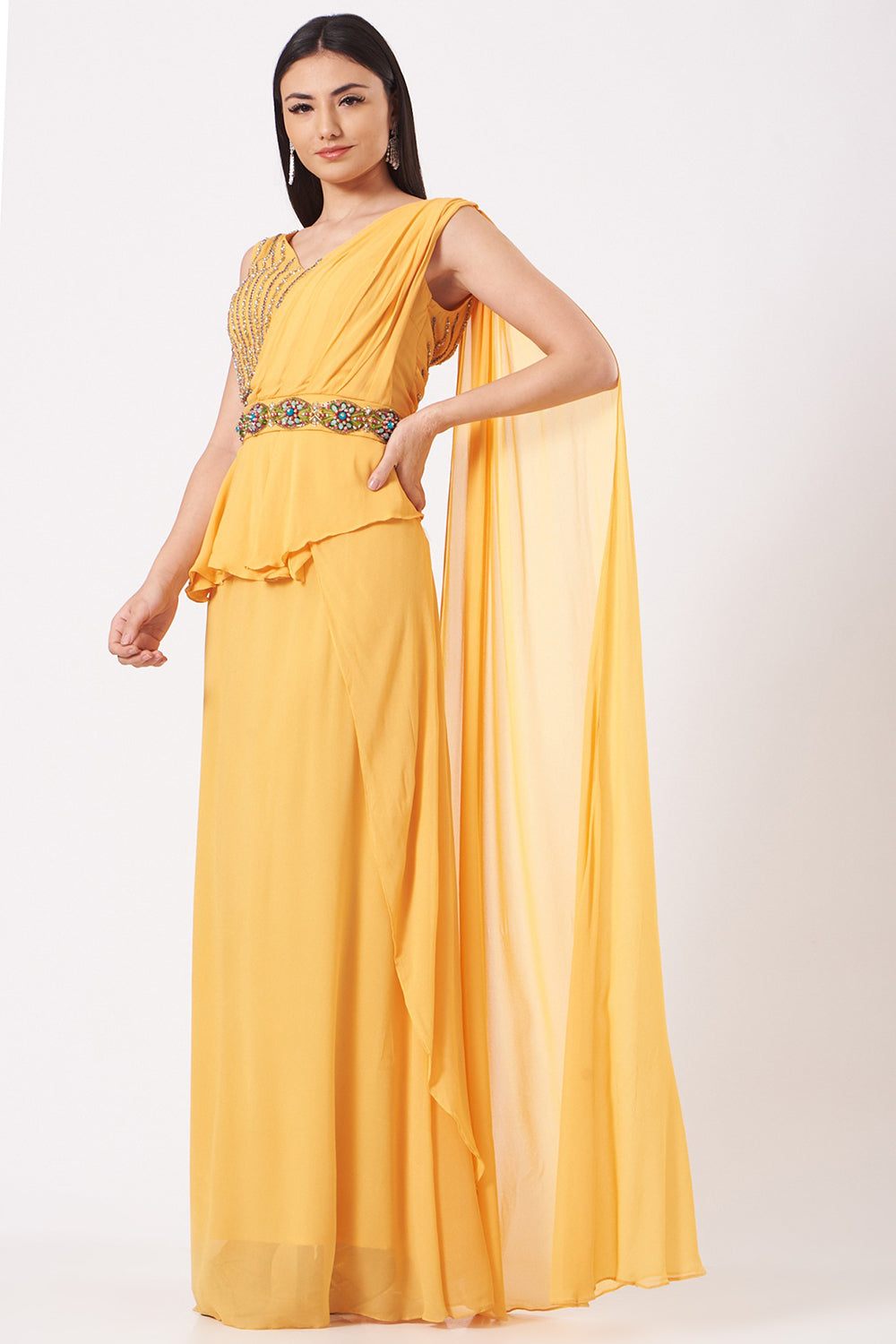 Georgette Draped Yellow Saree Set With Belt - Auraya Fashion - Amit GT - #tag1# - #tag2# - #tag3# - #tag3#