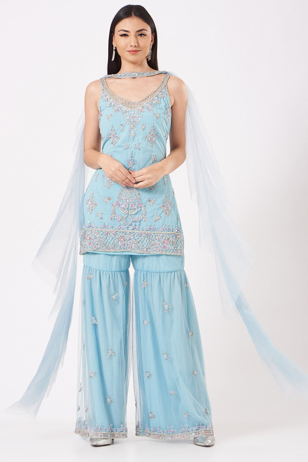 Hand Embroidered Light Blue Sharara Set - Auraya Fashion - Amit GT - #tag1# - #tag2# - #tag3# - #tag3#