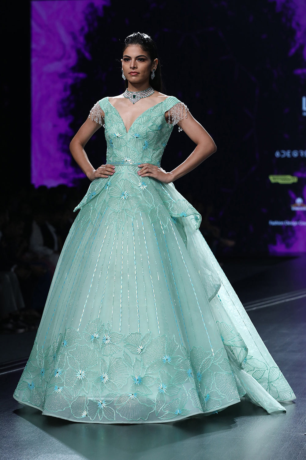 Draped Ball Gown Sea Green Embroidered - Auraya Fashion - Amit GT - #tag1# - #tag2# - #tag3# - #tag3#