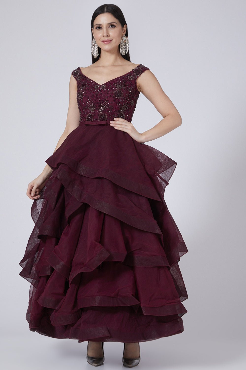 Embroidered Maroon Tiered Gown - Auraya Fashion - Amit GT - #tag1# - #tag2# - #tag3# - #tag3#