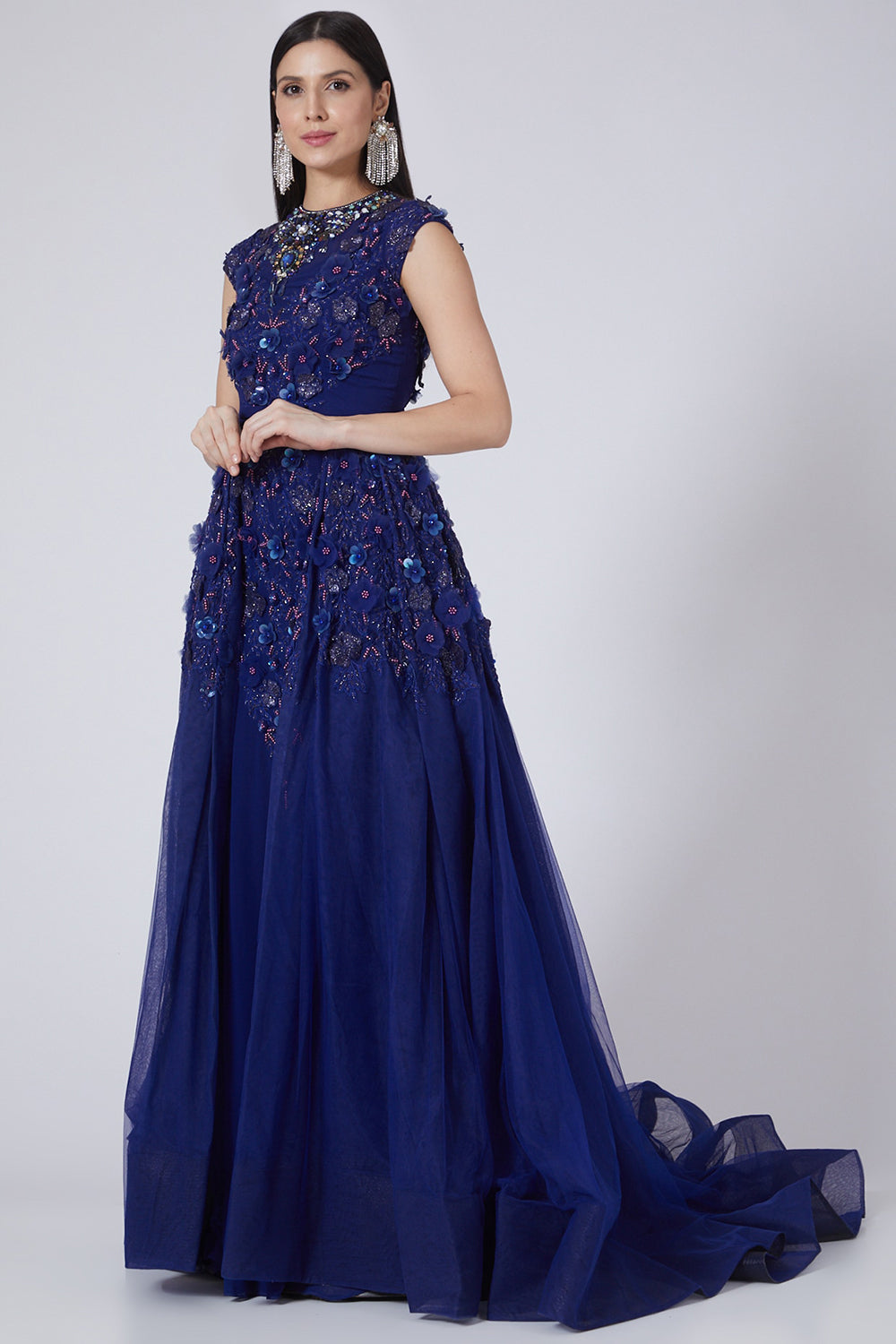 Floral Embroidered Navy Blue Gown - Auraya Fashion - Amit GT - #tag1# - #tag2# - #tag3# - #tag3#