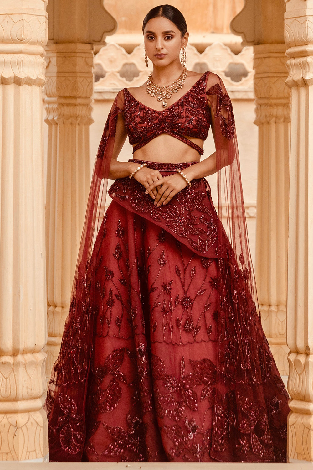 Motifs Embroidered Cranberry Lehenga Set - Auraya Fashion - Amit GT - #tag1# - #tag2# - #tag3# - #tag3#