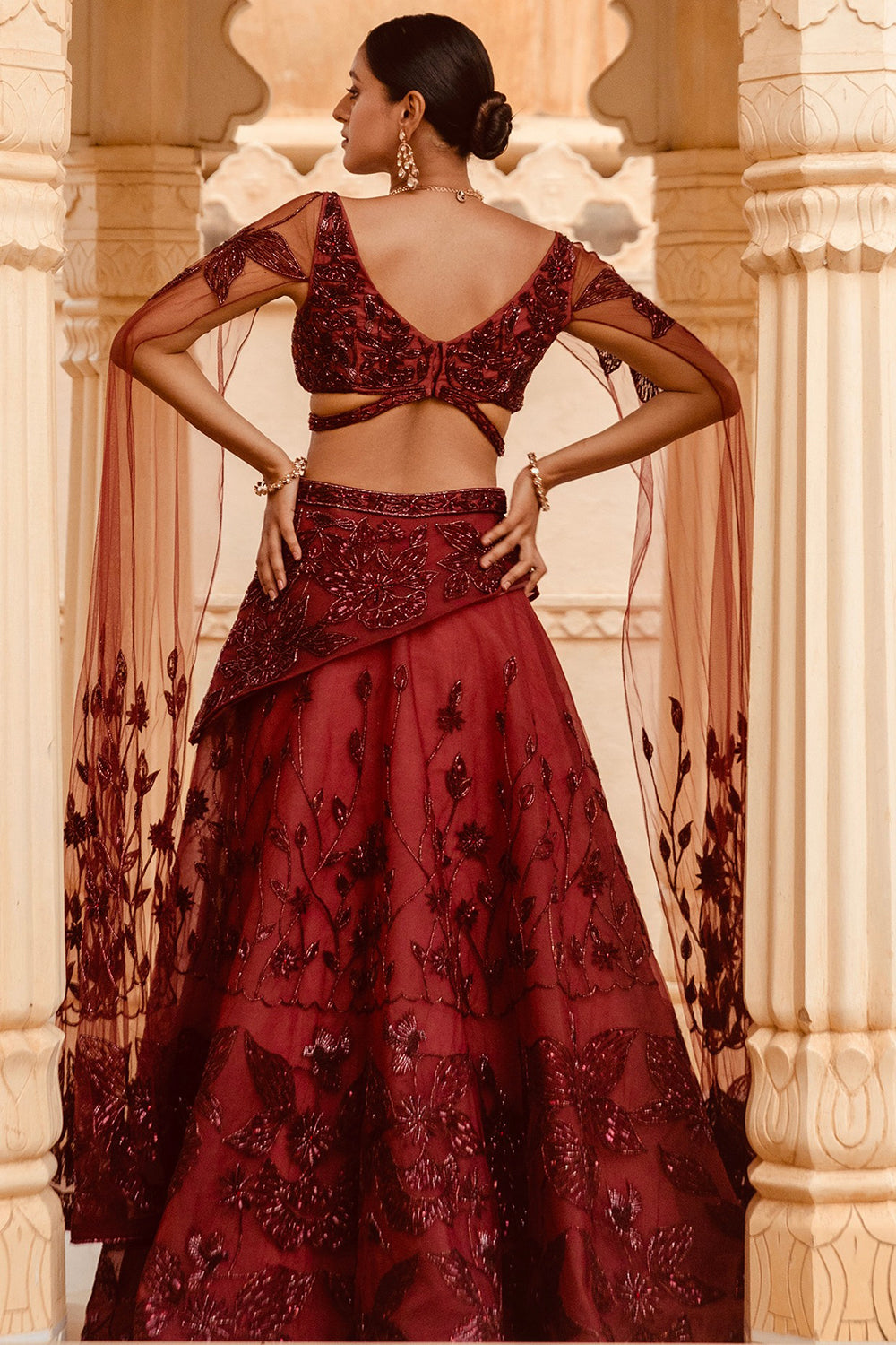 Motifs Embroidered Cranberry Lehenga Set - Auraya Fashion -  - #tag1# - #tag2# - #tag3# - #tag3#