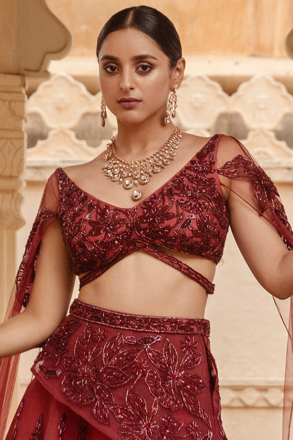 Motifs Embroidered Cranberry Lehenga Set - Auraya Fashion -  - #tag1# - #tag2# - #tag3# - #tag3#