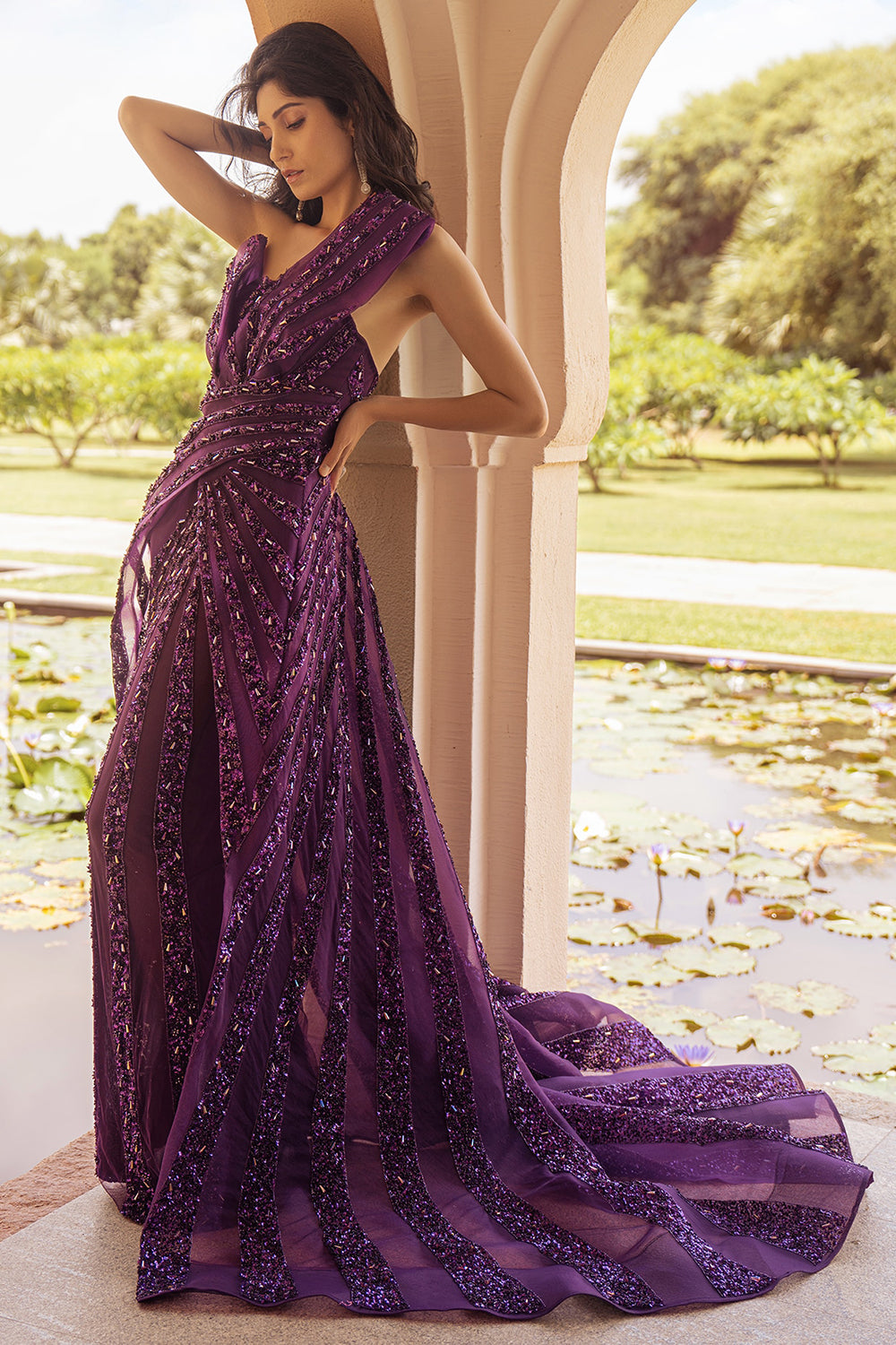 Draped Gown Dark Purple Embroidered - Auraya Fashion - Amit GT - #tag1# - #tag2# - #tag3# - #tag3#