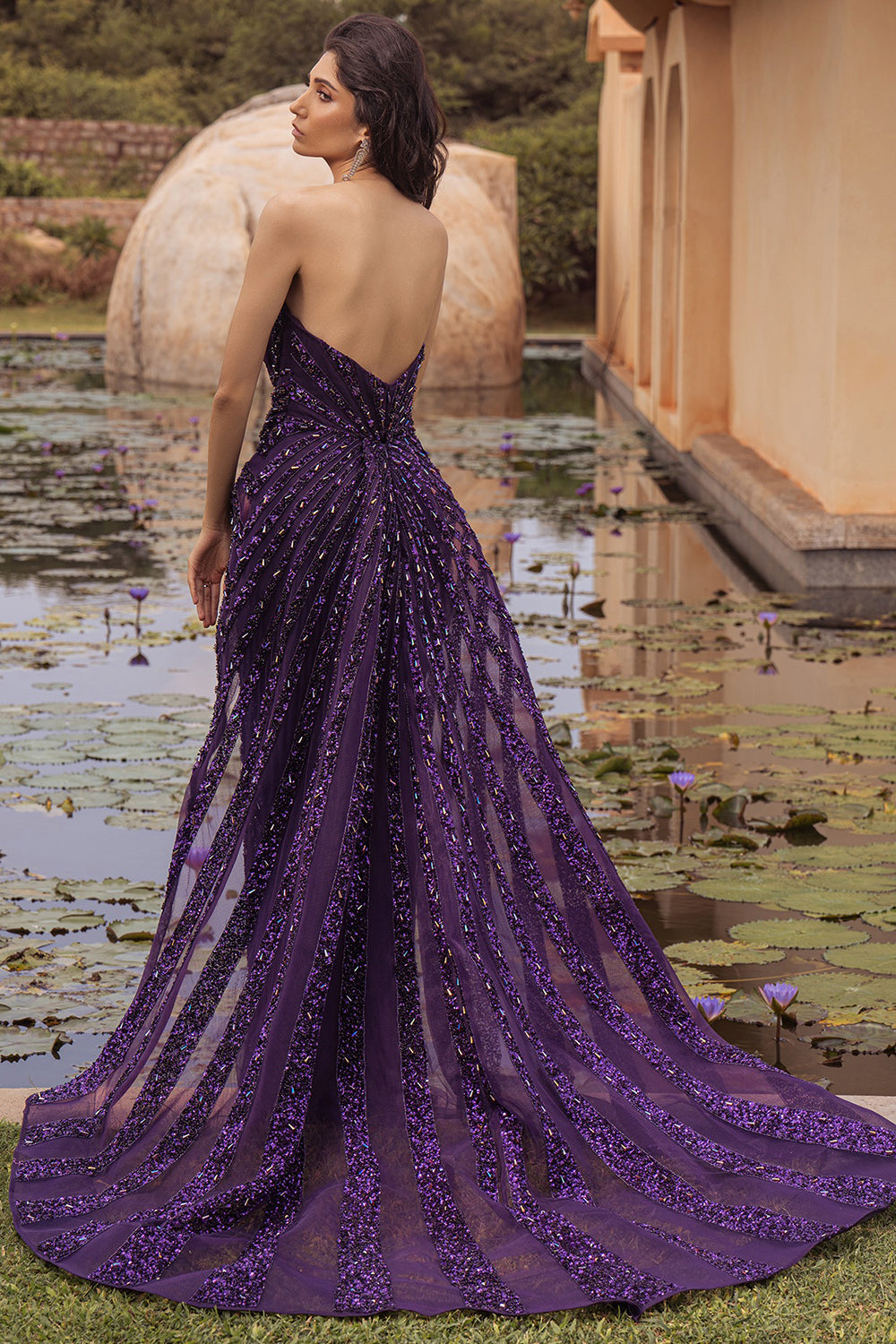 Draped Gown Dark Purple Embroidered - Auraya Fashion -  - #tag1# - #tag2# - #tag3# - #tag3#