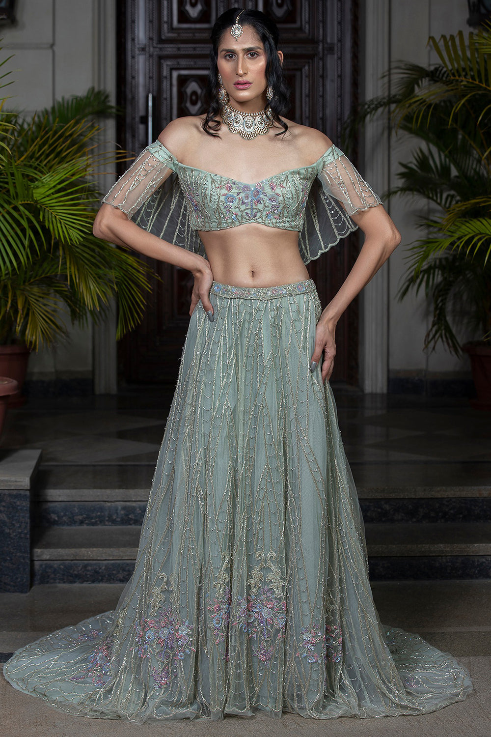 Hand Embroidered Sea Green Lehenga Set - Auraya Fashion - Amit GT - #tag1# - #tag2# - #tag3# - #tag3#