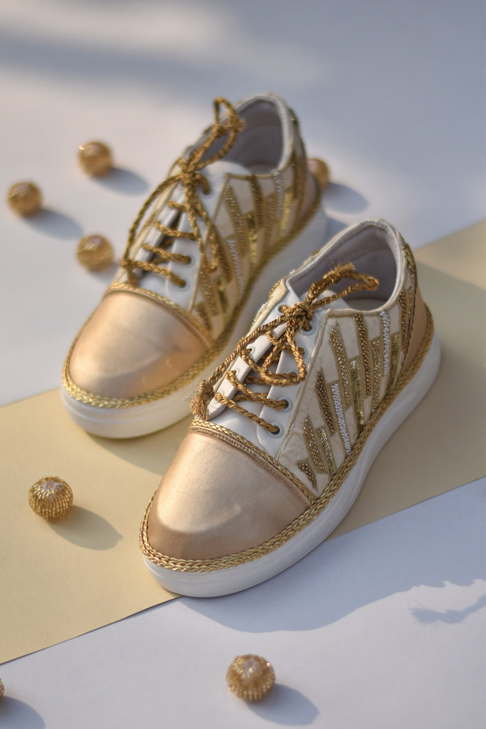 Poly Silk & Rexine Embroidered Gold Sneakers - Auraya Fashion - Around Always - #tag1# - #tag2# - #tag3# - #tag3#