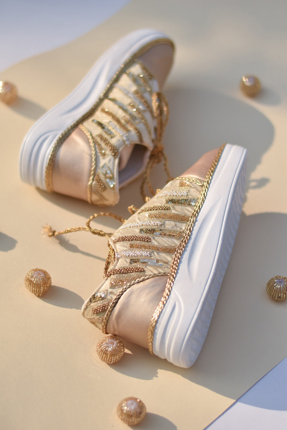 Poly Silk & Rexine Embroidered Gold Sneakers - Auraya Fashion -  - #tag1# - #tag2# - #tag3# - #tag3#