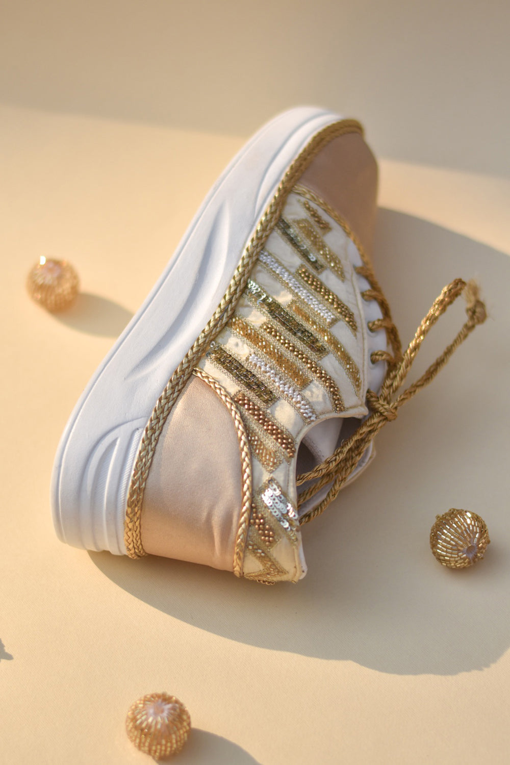 Poly Silk & Rexine Embroidered Gold Sneakers - Auraya Fashion -  - #tag1# - #tag2# - #tag3# - #tag3#