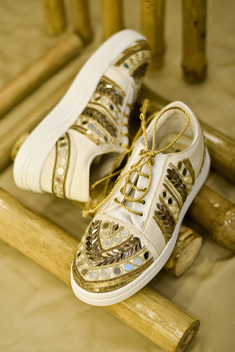 Poly Silk & Rexine Hand Embroidered Gold Sneakers - Auraya Fashion -  - #tag1# - #tag2# - #tag3# - #tag3#