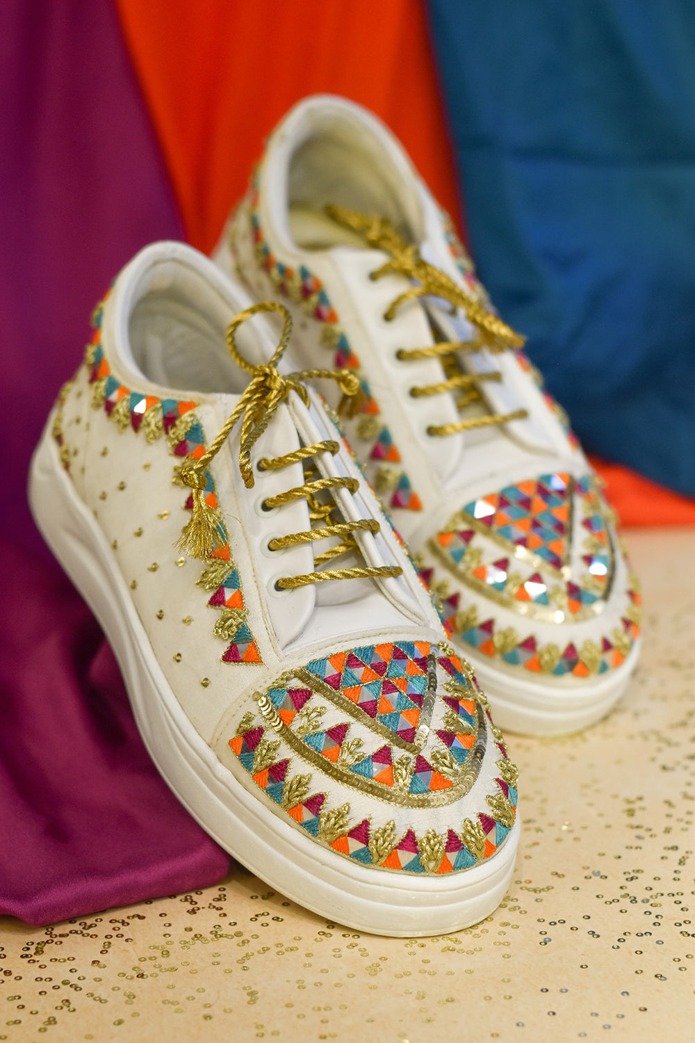 Multi-Colored Poly Silk & Rexine Hand Embroidered Sneakers - Auraya Fashion - Around Always - #tag1# - #tag2# - #tag3# - #tag3#