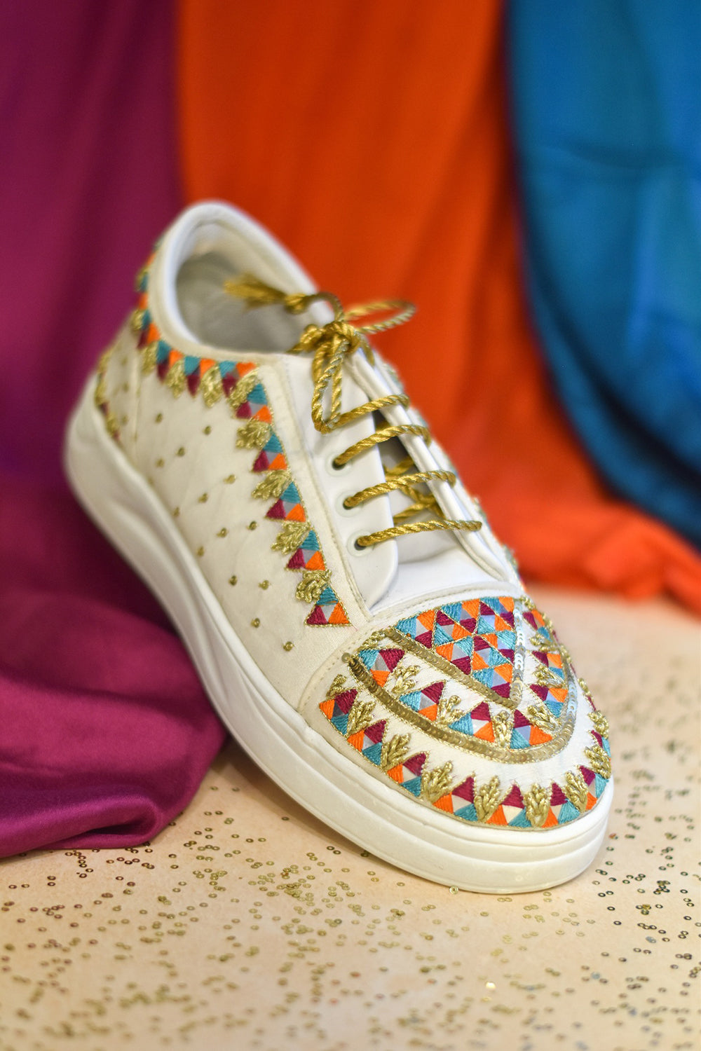 Multi-Colored Poly Silk & Rexine Hand Embroidered Sneakers - Auraya Fashion -  - #tag1# - #tag2# - #tag3# - #tag3#