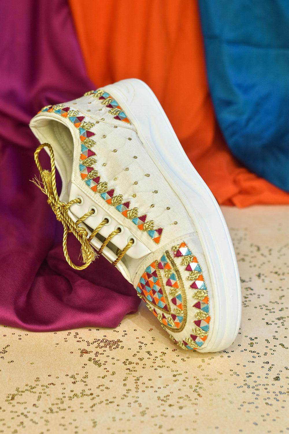 Multi-Colored Poly Silk & Rexine Hand Embroidered Sneakers - Auraya Fashion -  - #tag1# - #tag2# - #tag3# - #tag3#