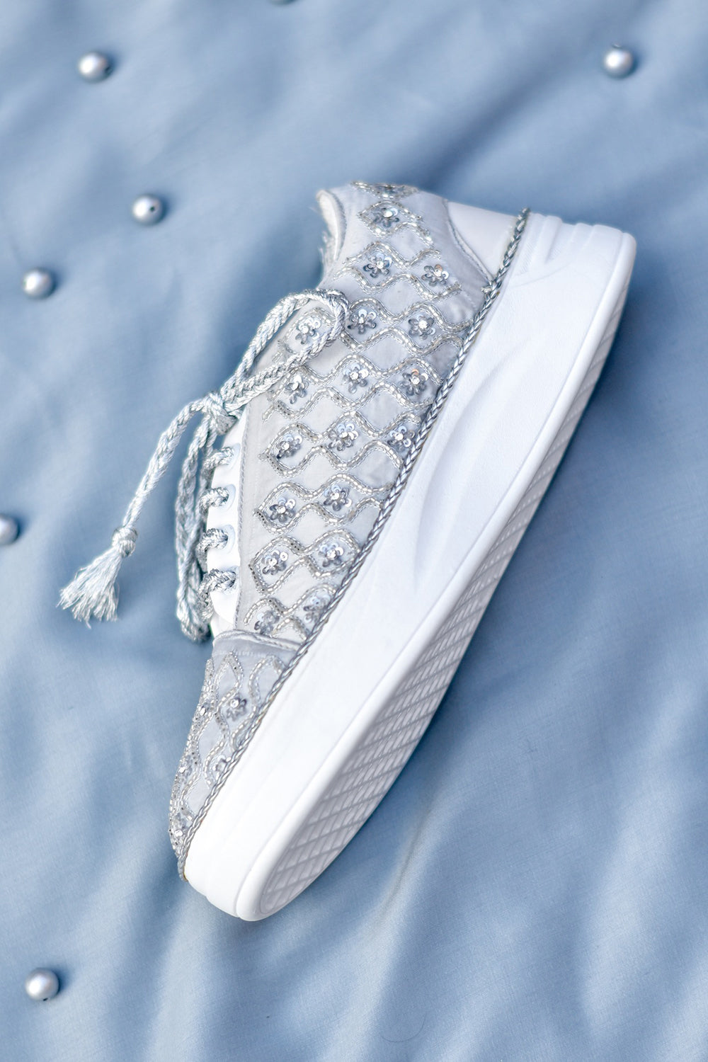 Silver Poly Silk & Rexine Embroidered Sneakers - Auraya Fashion -  - #tag1# - #tag2# - #tag3# - #tag3#