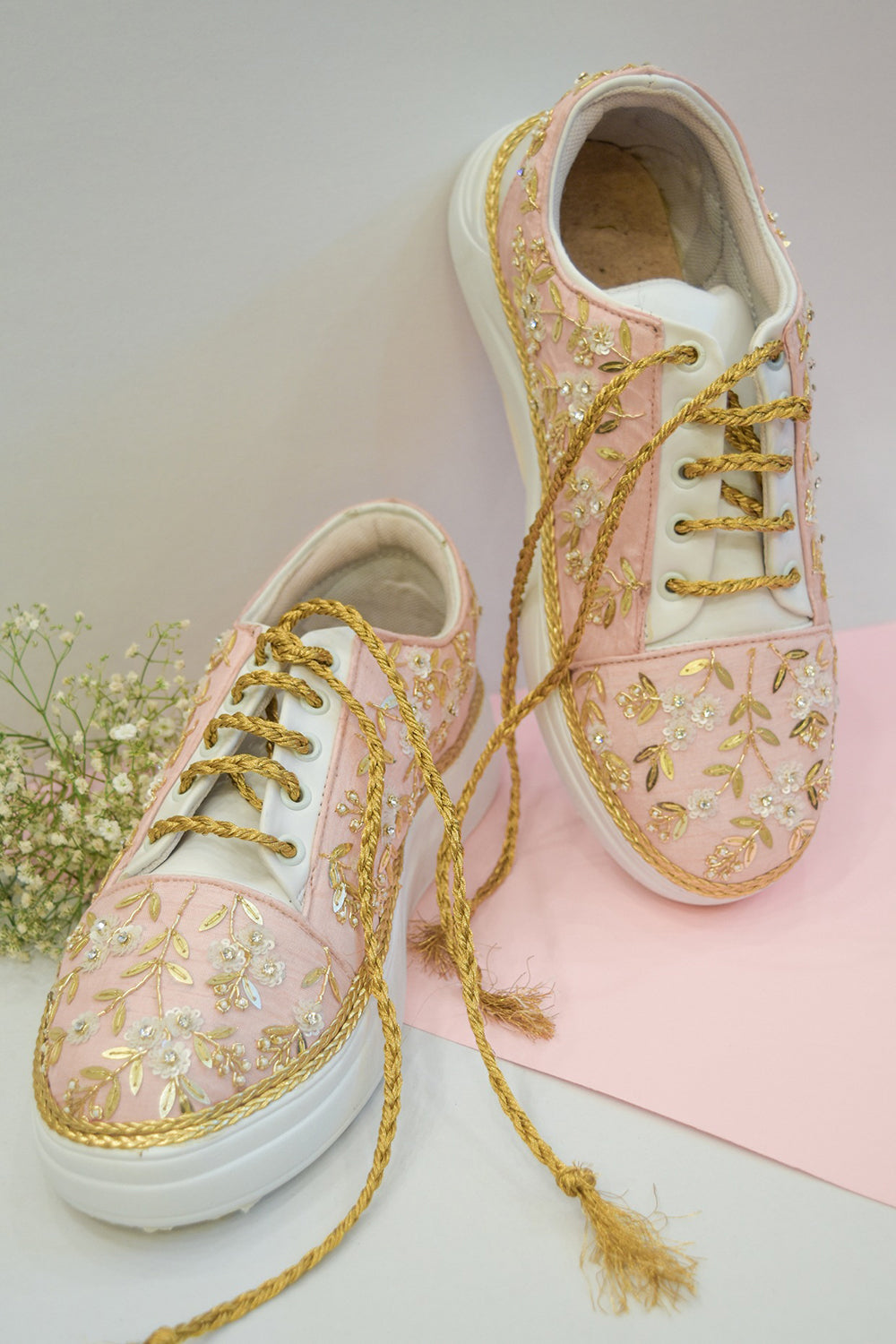 Pink Poly Silk & Rexine Embroidered Sneakers - Auraya Fashion - Around Always - #tag1# - #tag2# - #tag3# - #tag3#