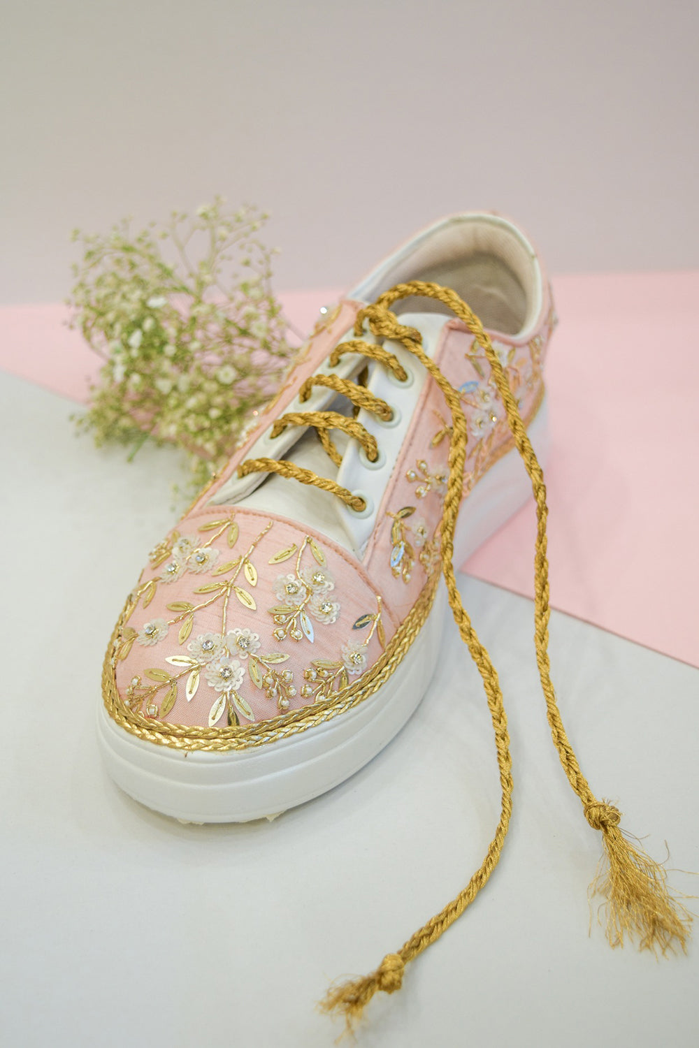 Pink Poly Silk & Rexine Embroidered Sneakers - Auraya Fashion -  - #tag1# - #tag2# - #tag3# - #tag3#