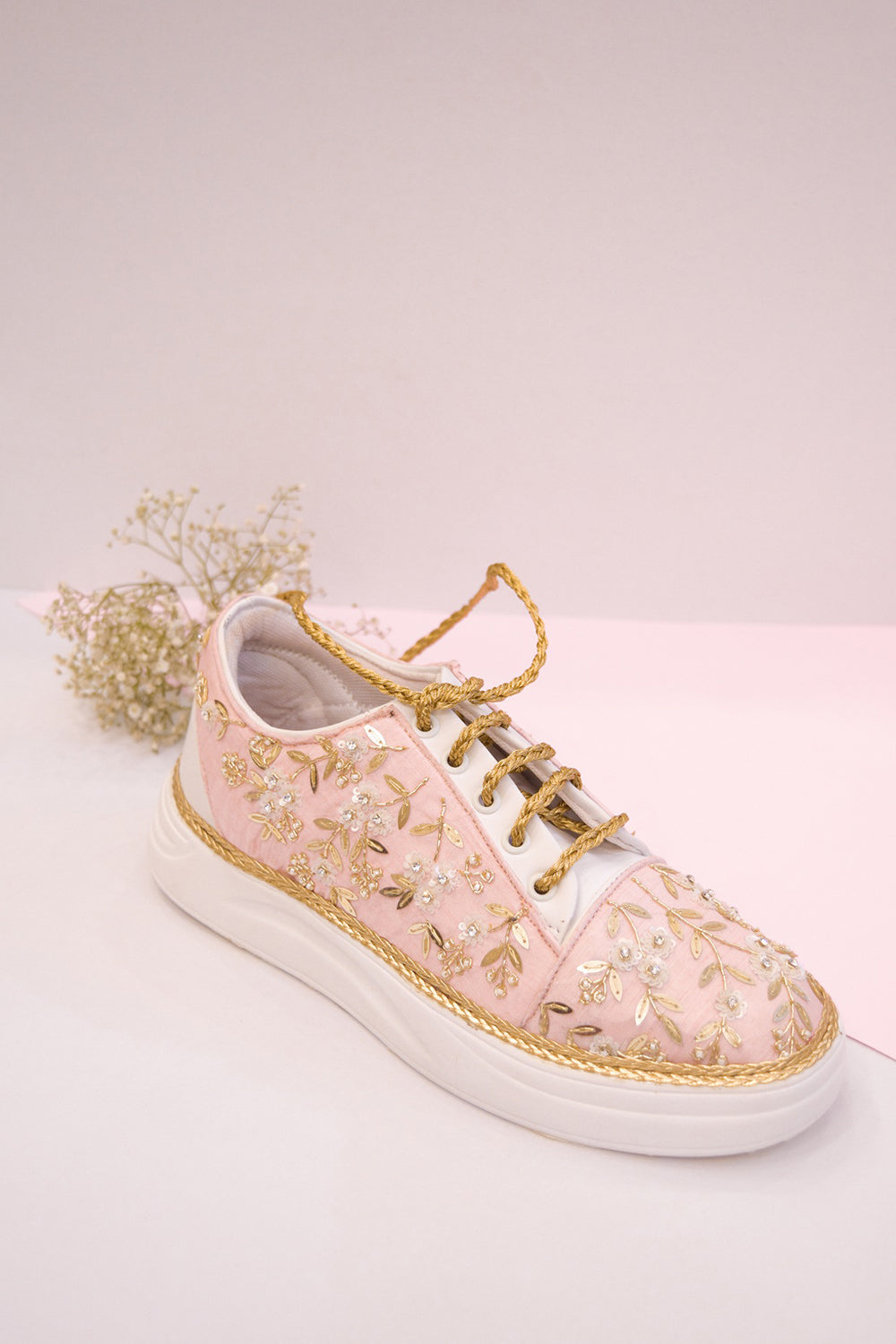 Pink Poly Silk & Rexine Embroidered Sneakers - Auraya Fashion -  - #tag1# - #tag2# - #tag3# - #tag3#