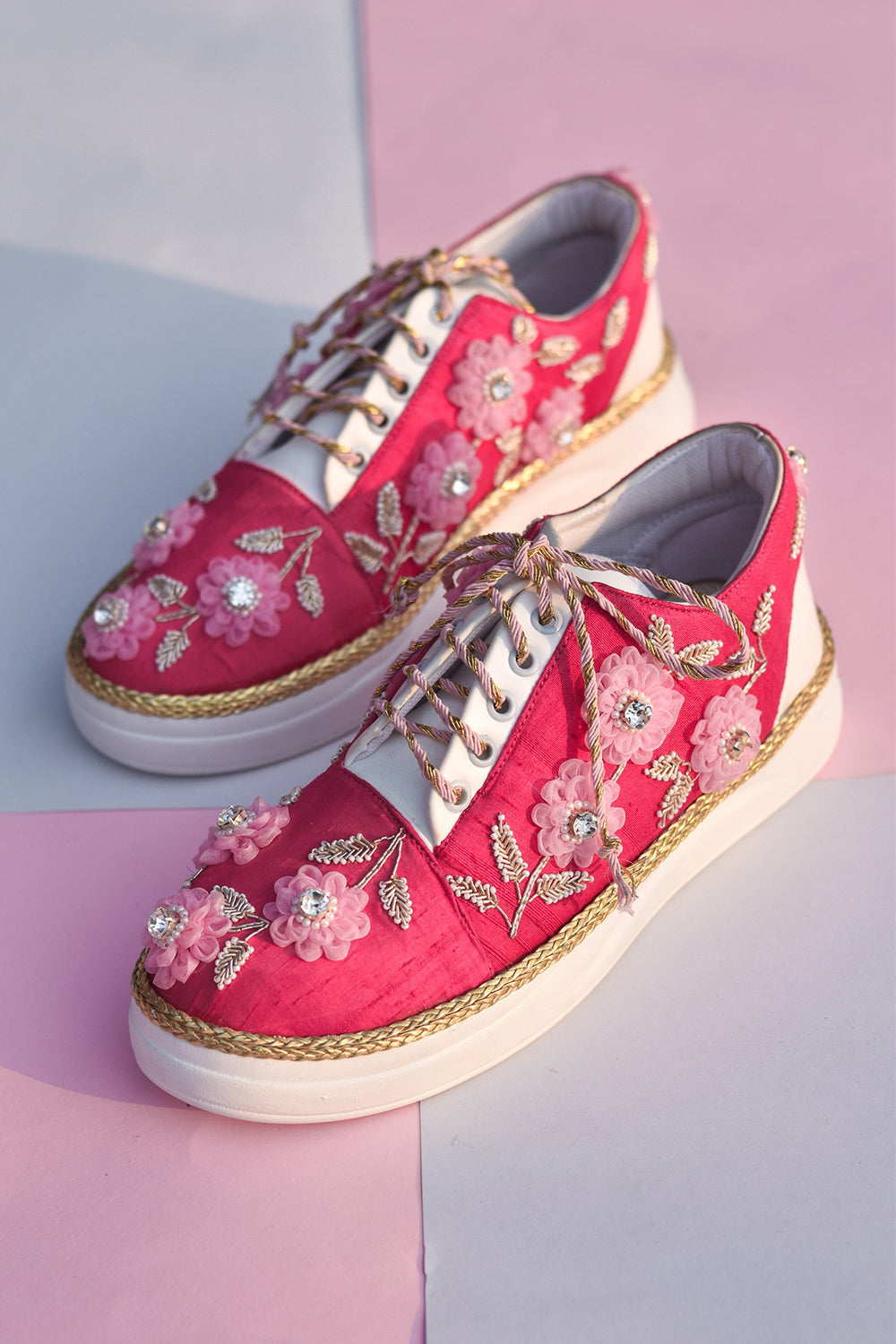 Poly Silk & Rexine Hand Embroidered Maroon Sneakers - Auraya Fashion - Around Always - #tag1# - #tag2# - #tag3# - #tag3#