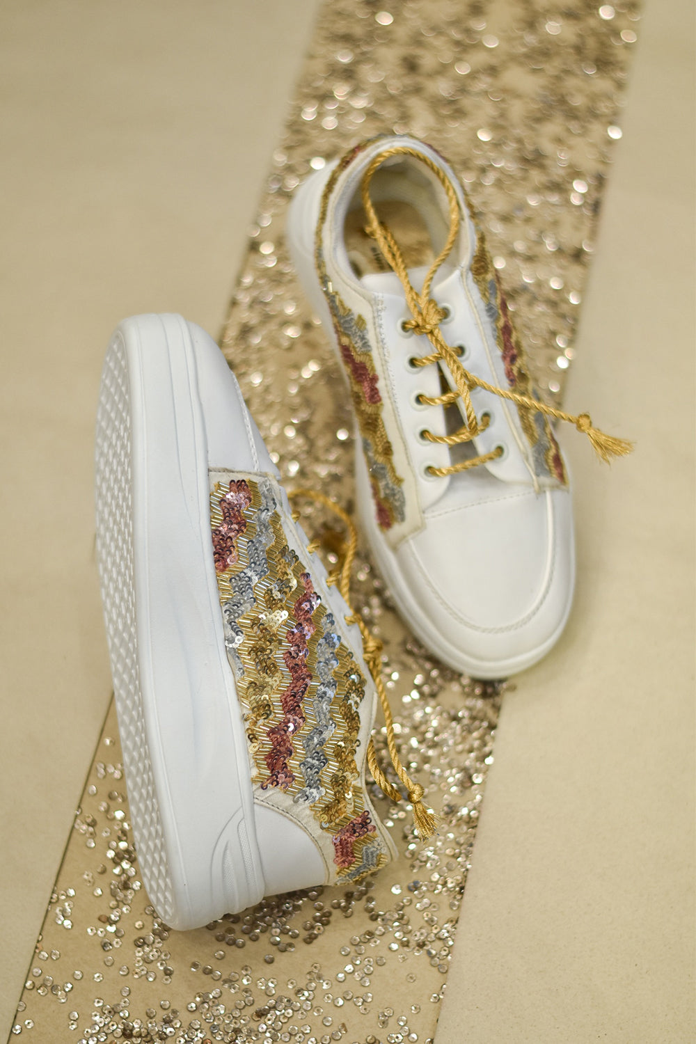 Poly Silk & Rexine Embroidered Gold Sneakers - Auraya Fashion - Around Always - #tag1# - #tag2# - #tag3# - #tag3#