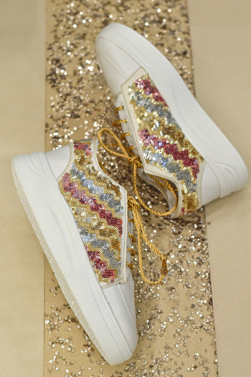 Poly Silk & Rexine Embroidered Gold Sneakers - Auraya Fashion -  - #tag1# - #tag2# - #tag3# - #tag3#