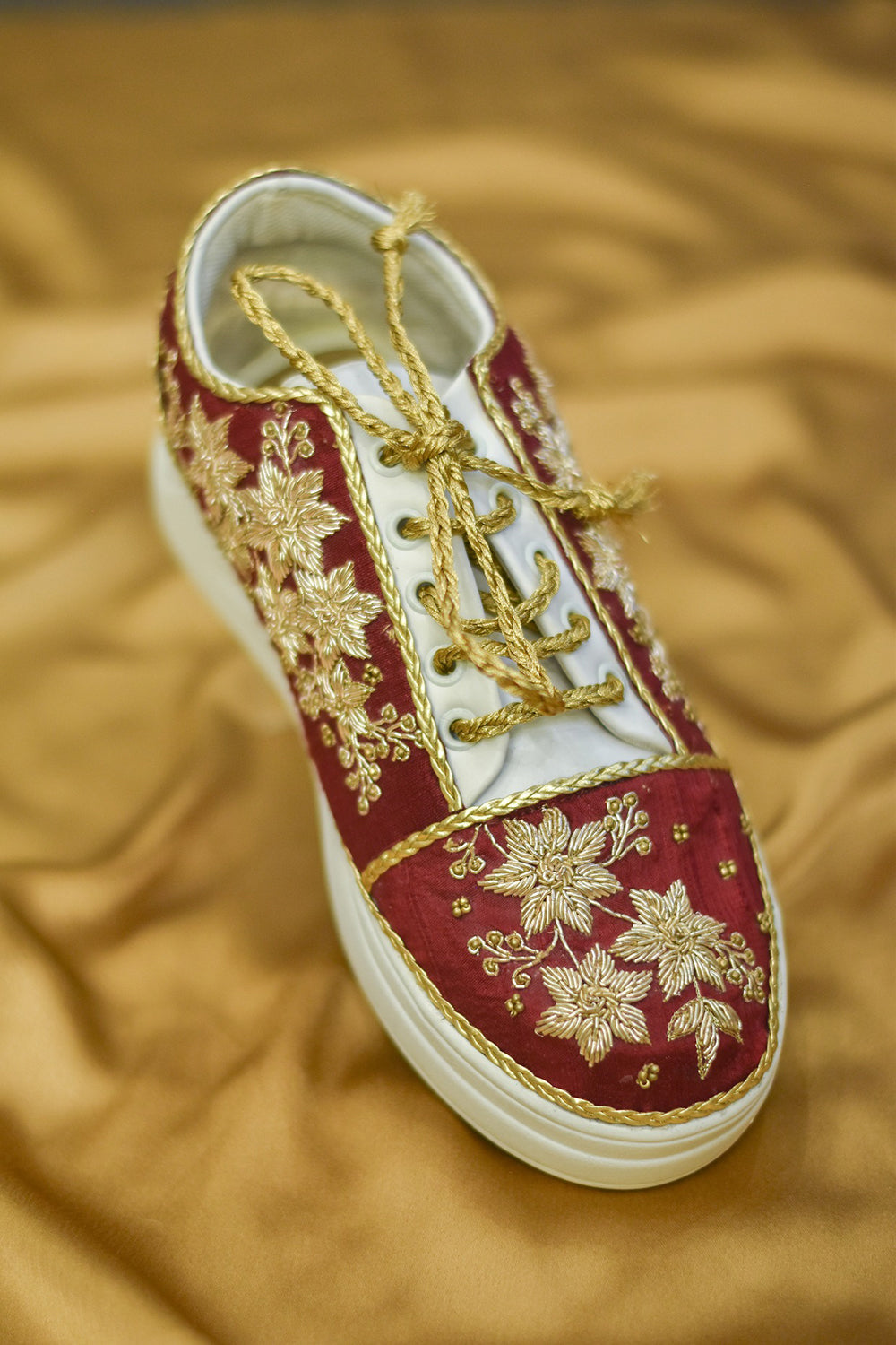 Poly Silk & Rexine Embroidered Gold Sneakers - Auraya Fashion - Around Always - #tag1# - #tag2# - #tag3# - #tag3#