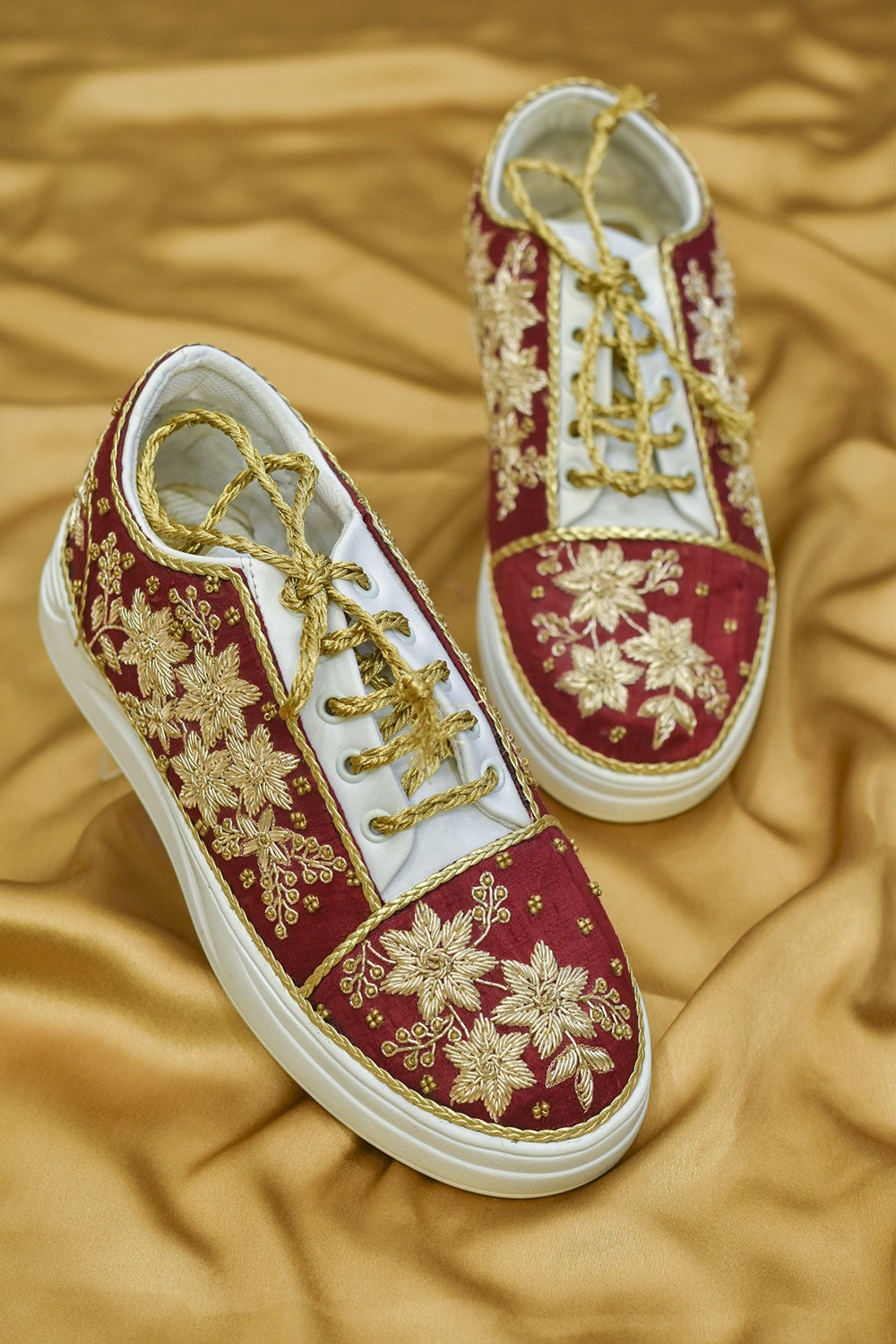 Poly Silk & Rexine Embroidered Gold Sneakers - Auraya Fashion -  - #tag1# - #tag2# - #tag3# - #tag3#