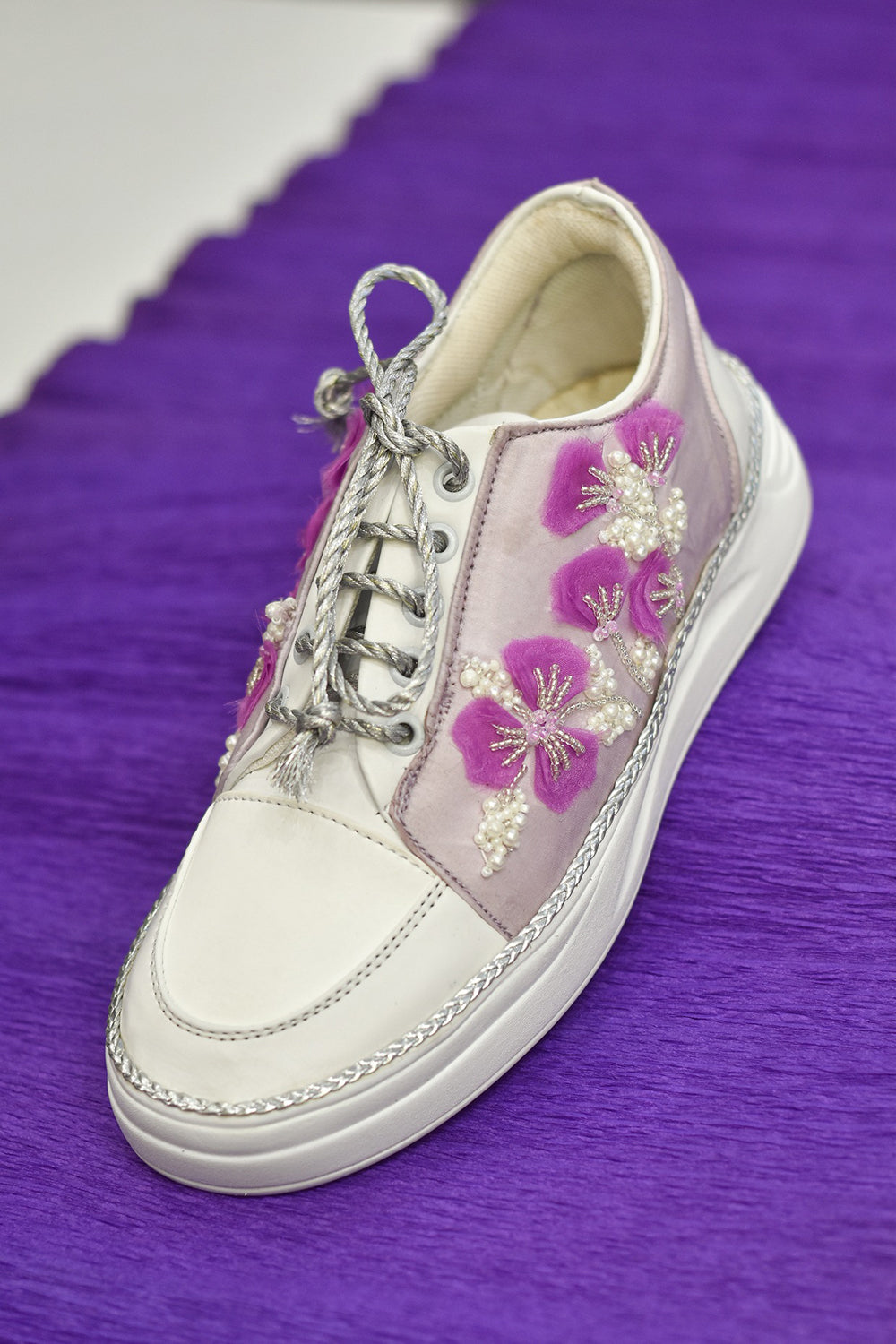 Silver Poly Silk & Rexine Embroidered Sneakers - Auraya Fashion - Around Always - #tag1# - #tag2# - #tag3# - #tag3#