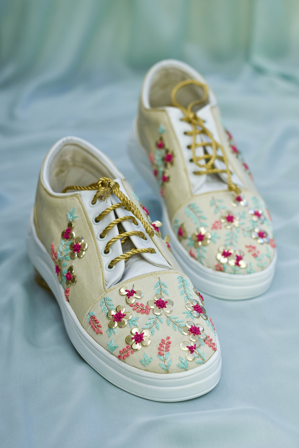 Poly Silk & Rexine Embroidered Gold Sneakers - Auraya Fashion - Around Always - #tag1# - #tag2# - #tag3# - #tag3#