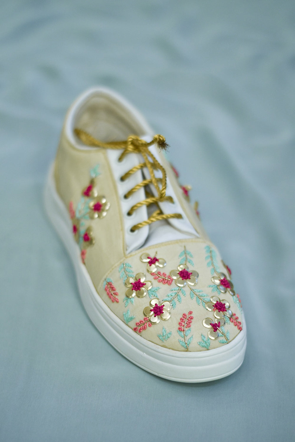 Poly Silk & Rexine Embroidered Gold Sneakers - Auraya Fashion -  - #tag1# - #tag2# - #tag3# - #tag3#