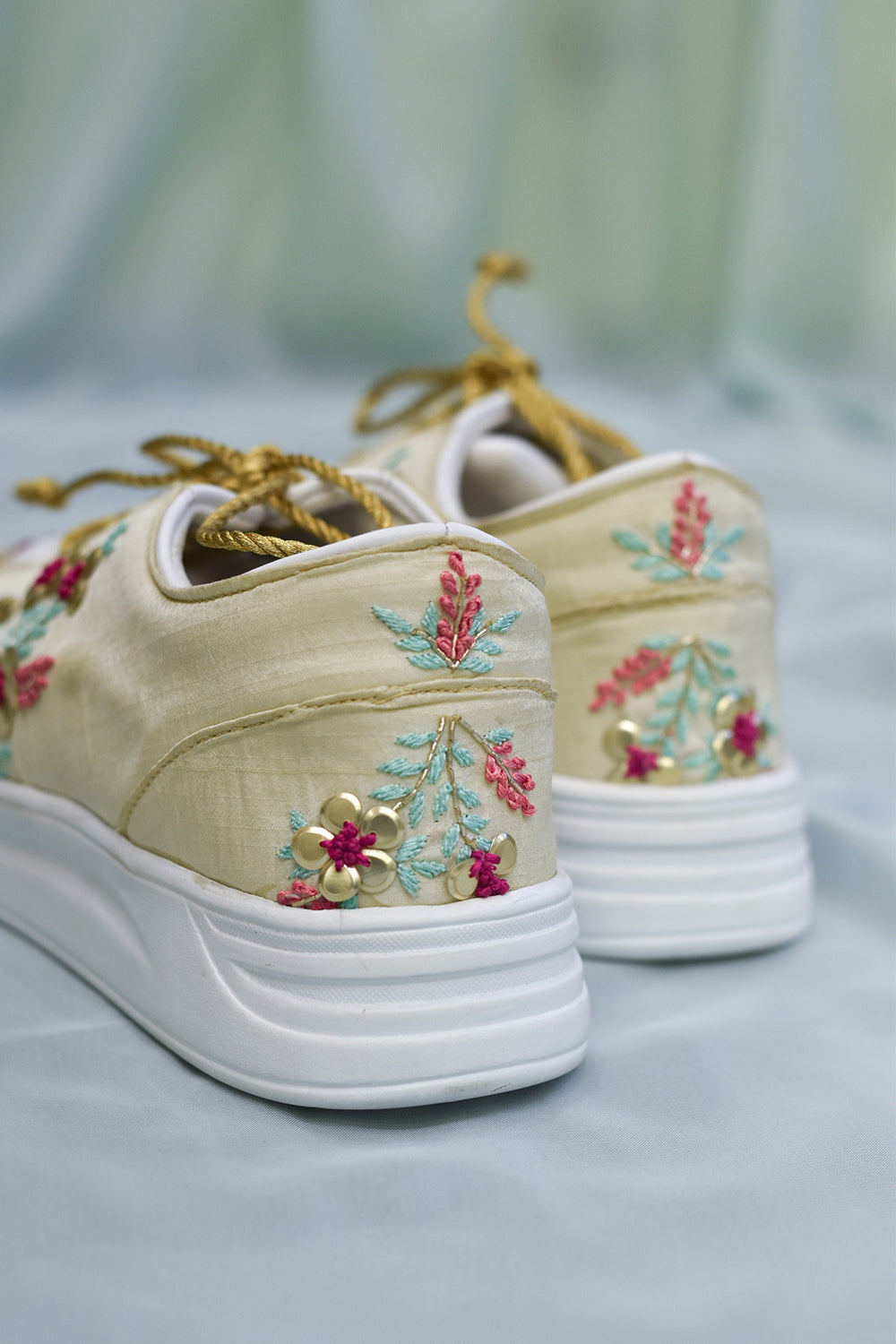 Poly Silk & Rexine Embroidered Gold Sneakers - Auraya Fashion -  - #tag1# - #tag2# - #tag3# - #tag3#